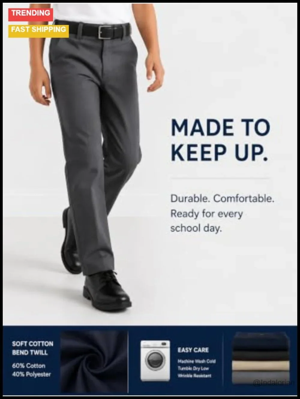 Kids School Uniform Pants - Reinforced Knees, Adjustable Waist, 2-Pack